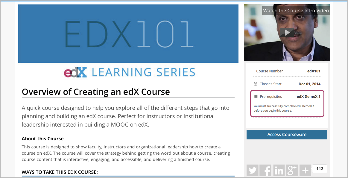 A course About page with prerequisite course information circled.