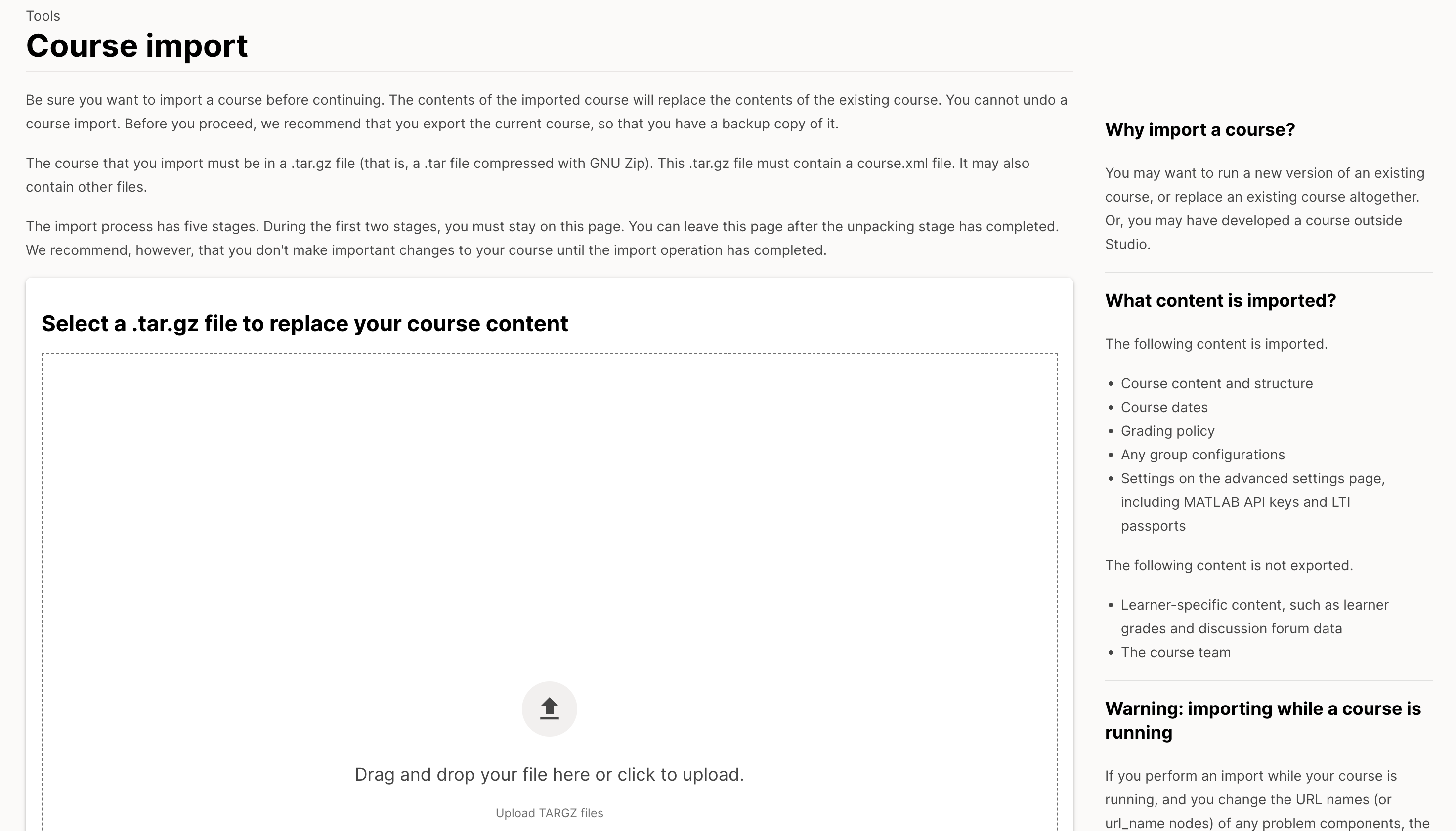 an image of the Import page in which you can select a ``.tar.gz`` file to replace your course content.